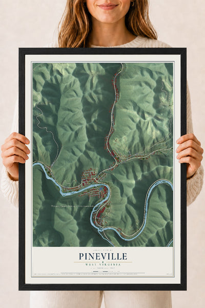 Map of Pineville, West Virginia, 18 x 24 inch print in a black wood frame