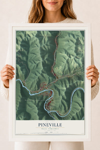 Map of Pineville, West Virginia, 18 x 24 inch print in a white wood frame