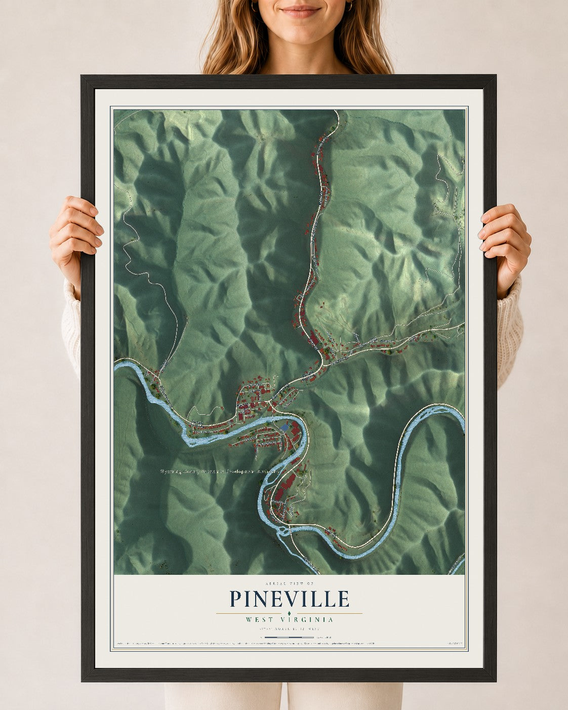 Map of Pineville, West Virginia, 24 x 36 inch print in a black wood frame