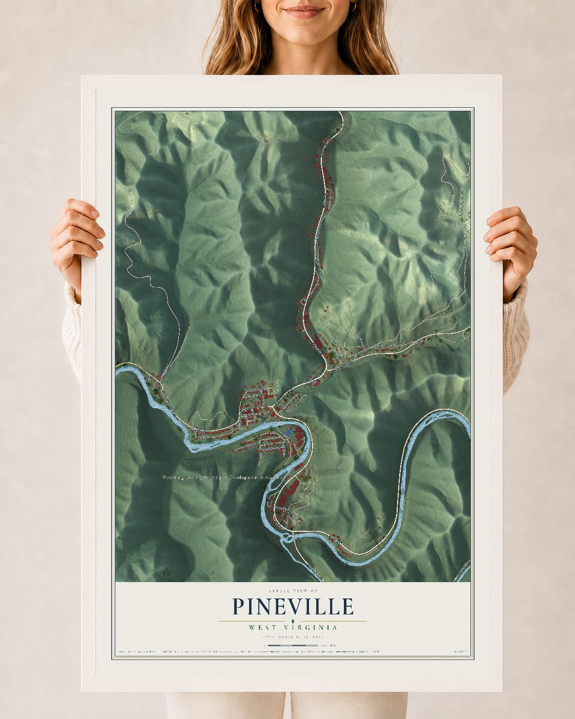 Map of Pineville, West Virginia, 24 x 36 inch print in a white wood frame