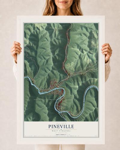 Map of Pineville, West Virginia, 24 x 36 inch print in a white wood frame