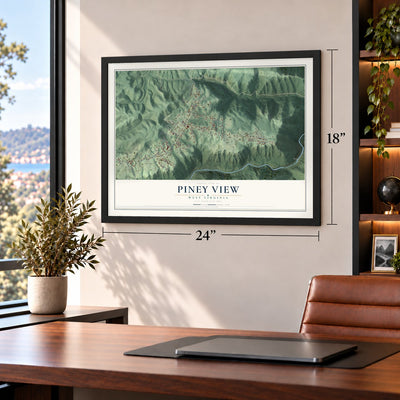 Piney View, West Virginia map, 18 x 24 inch print in a black frame in a home office