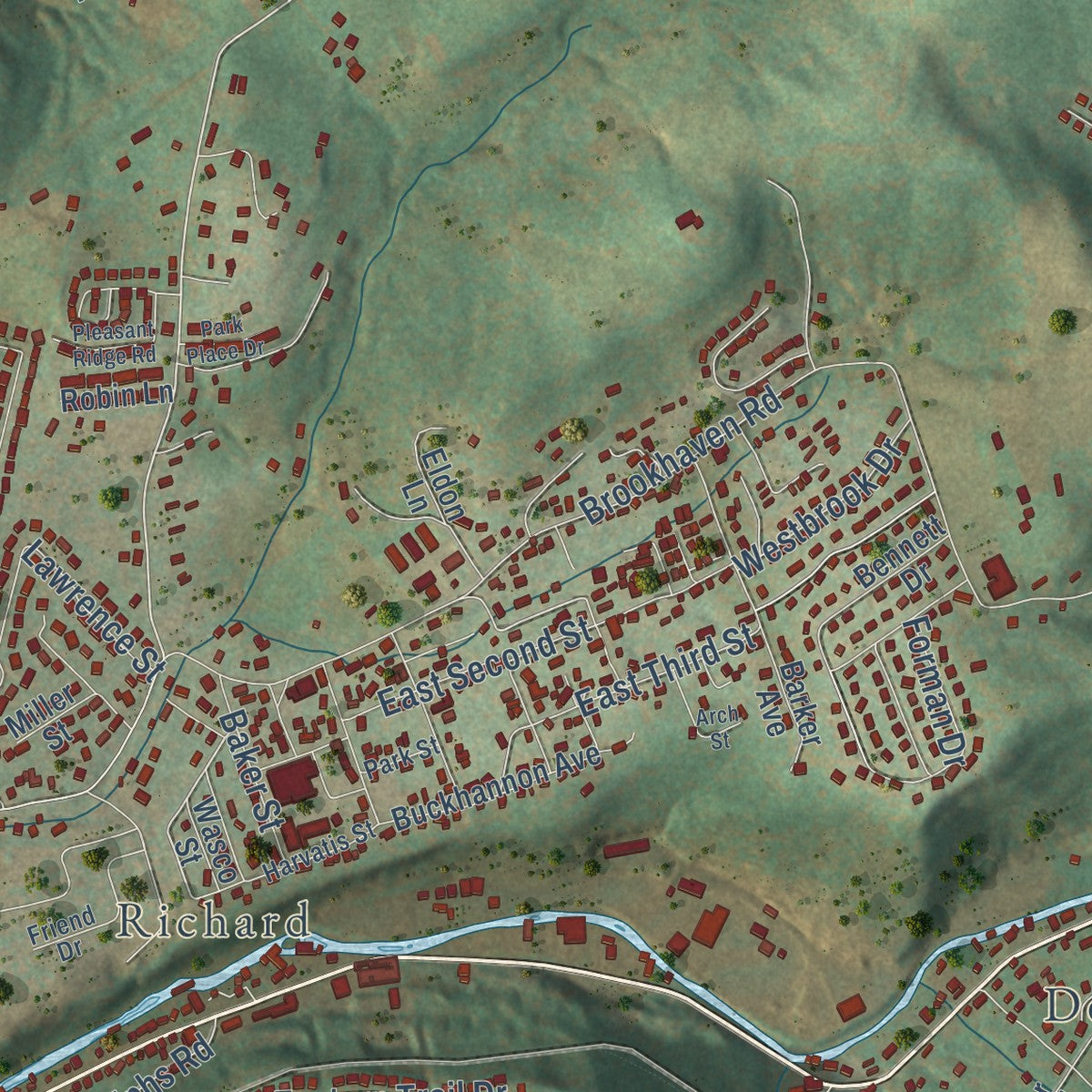 Close-up of the map of Brookhaven, West Virginia print showing street and building detail