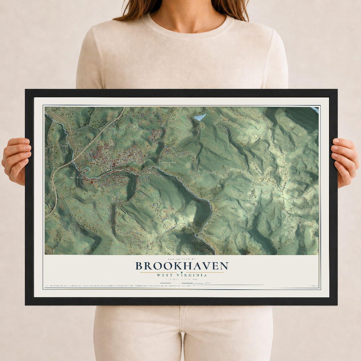 Map of Brookhaven, West Virginia, 12 x 18 inch print in a black wood frame