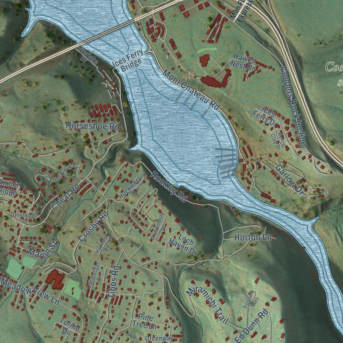 Close-up of the map of Cheat Lake, West Virginia print showing street and building detail