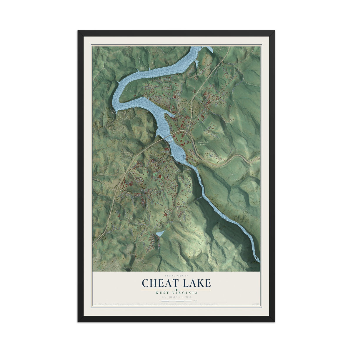Map of Cheat Lake, West Virginia, 12 x 18 inch print in a black wood frame