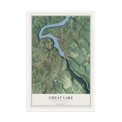 Map of Cheat Lake, West Virginia, 12 x 18 inch print in a white wood frame