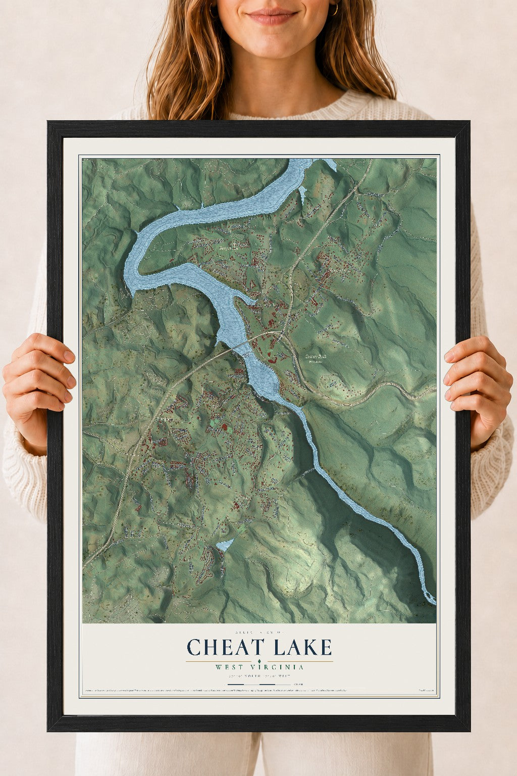 Map of Cheat Lake, West Virginia, 18 x 24 inch print in a black wood frame