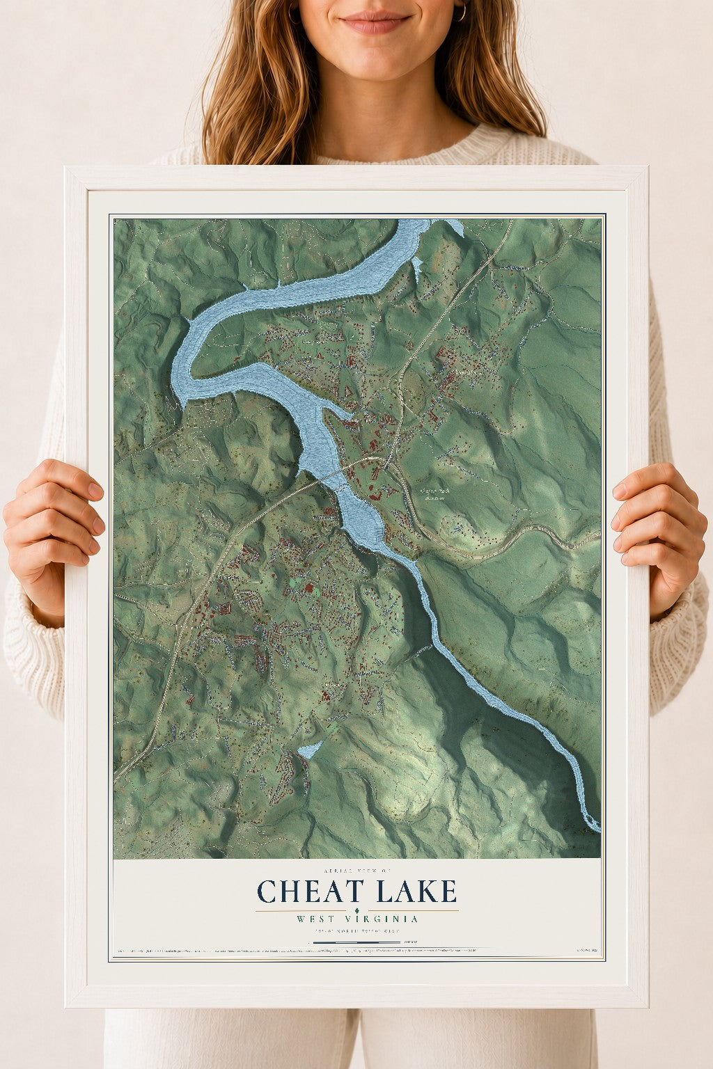 Map of Cheat Lake, West Virginia, 18 x 24 inch print in a white wood frame