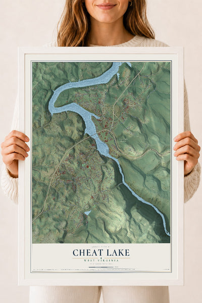 Map of Cheat Lake, West Virginia, 18 x 24 inch print in a white wood frame