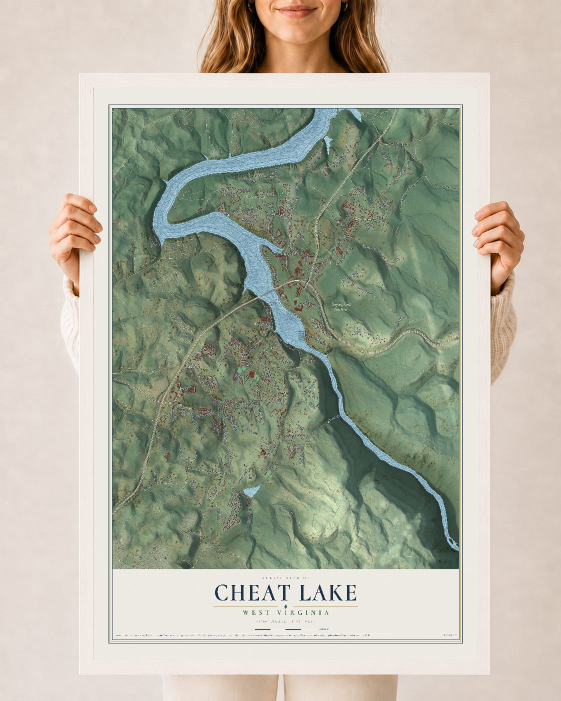 Map of Cheat Lake, West Virginia, 24 x 36 inch print in a white wood frame