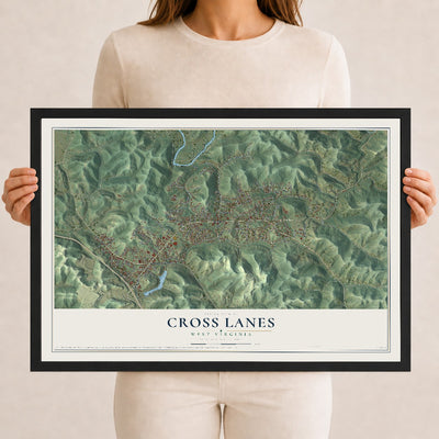 Map of Cross Lanes, West Virginia, 12 x 18 inch print in a black wood frame