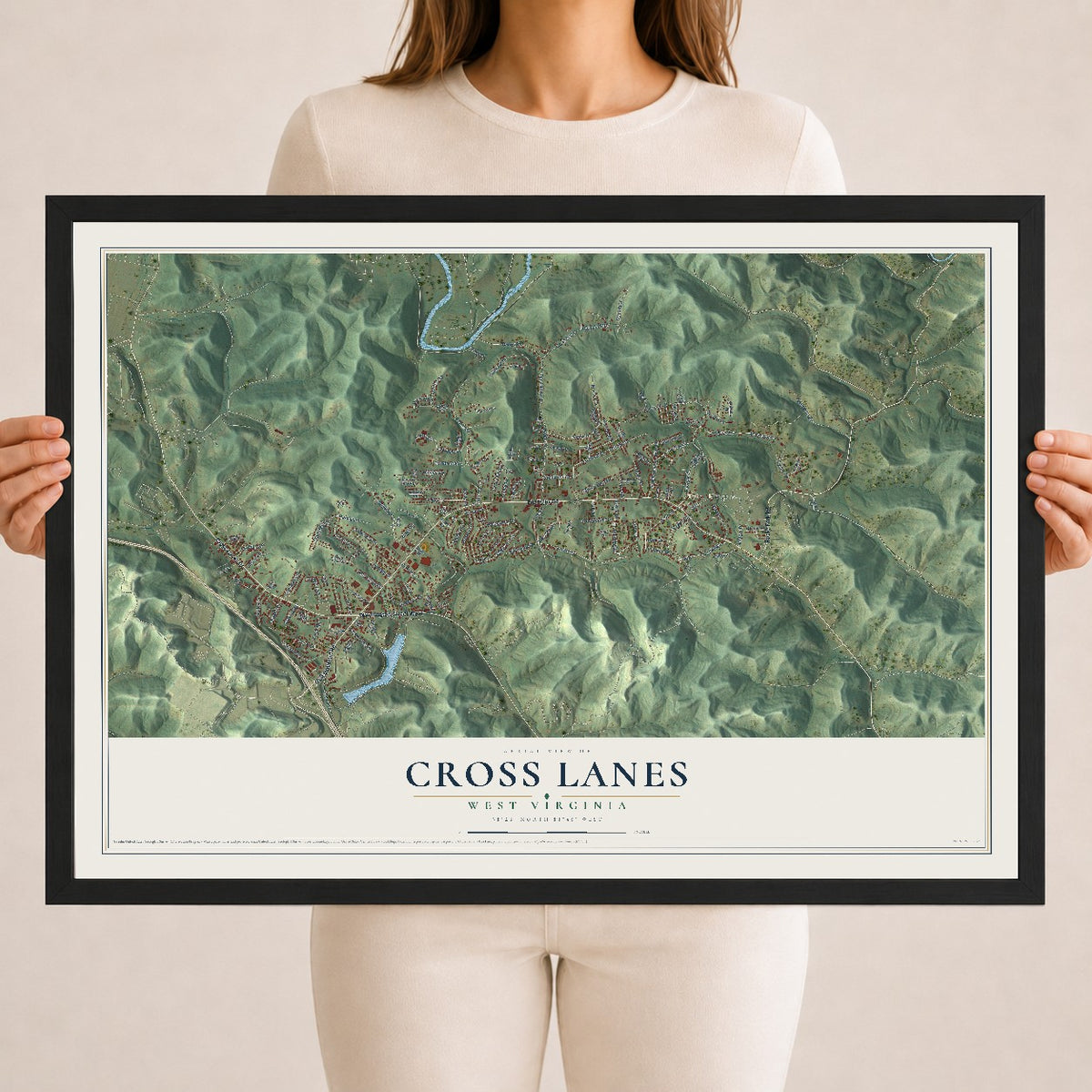 Map of Cross Lanes, West Virginia, 18 x 24 inch print in a black wood frame