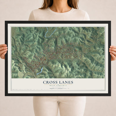 Map of Cross Lanes, West Virginia, 18 x 24 inch print in a black wood frame