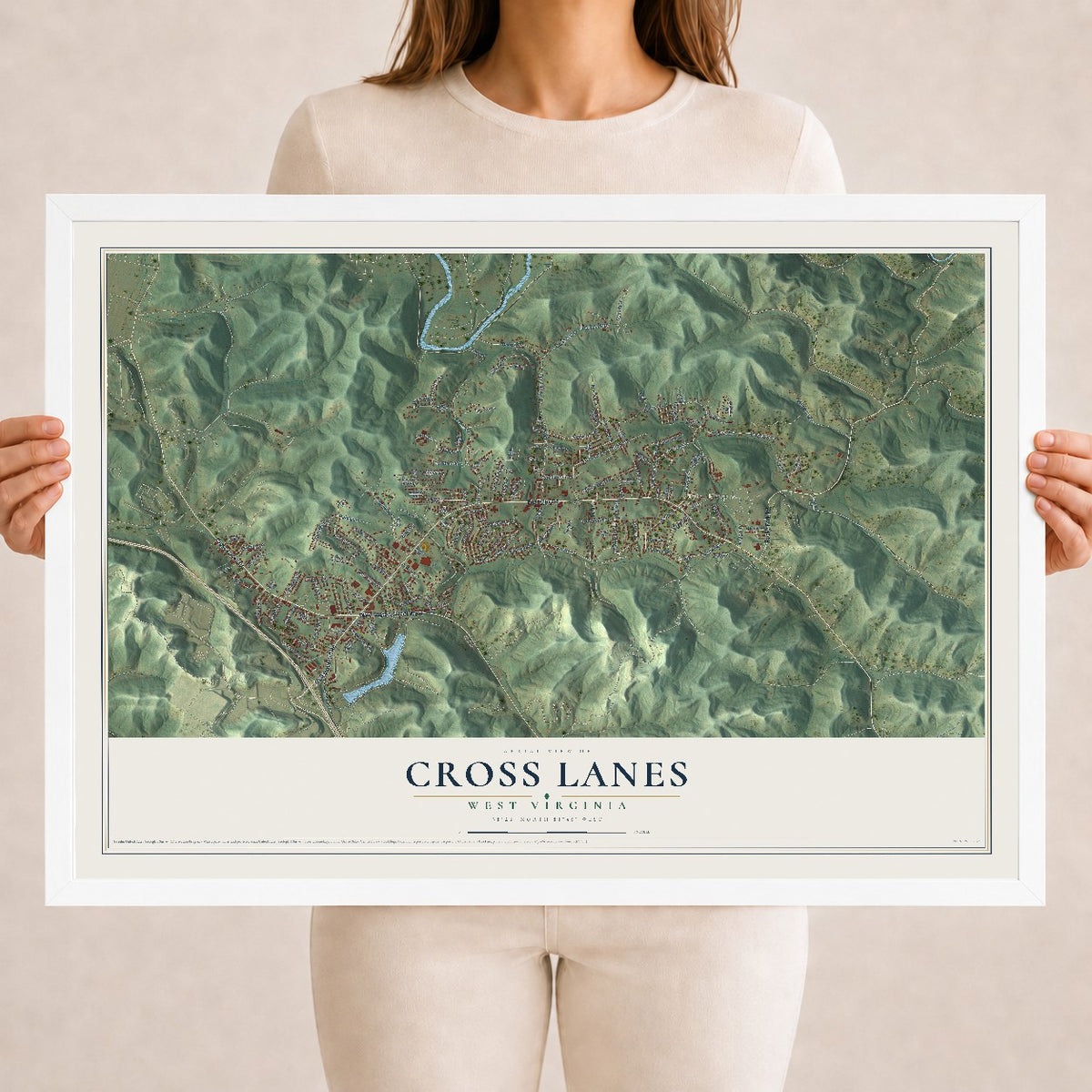 Map of Cross Lanes, West Virginia, 18 x 24 inch print in a white wood frame