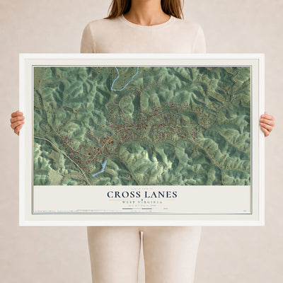 Map of Cross Lanes, West Virginia, 24 x 36 inch print in a white wood frame