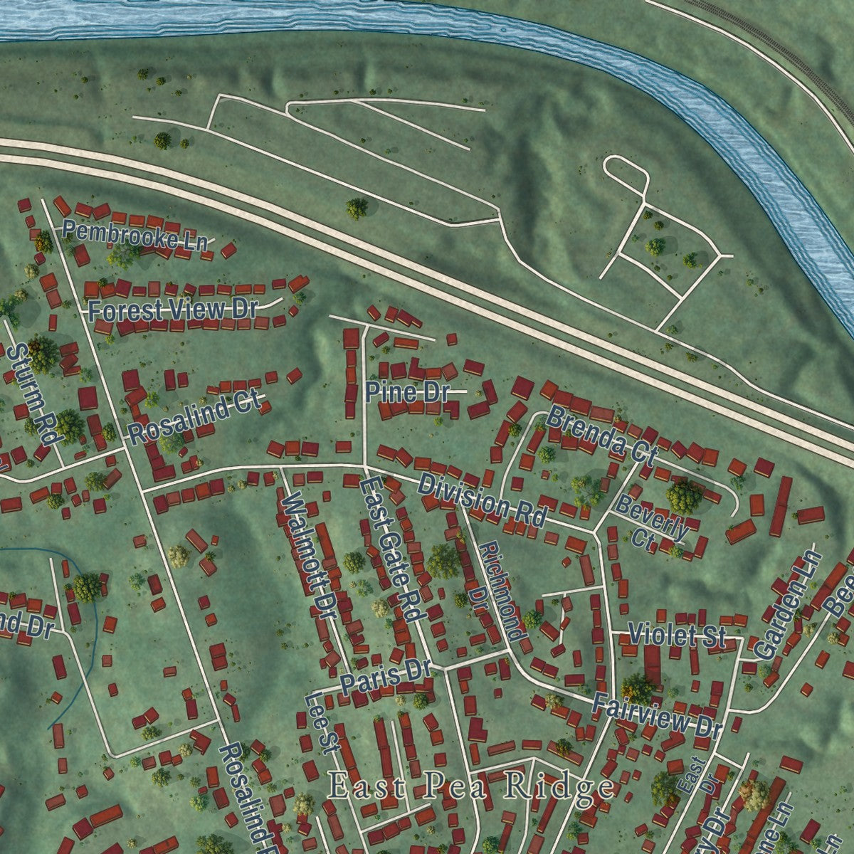 Close-up of the map of Pea Ridge, West Virginia print showing street and building detail