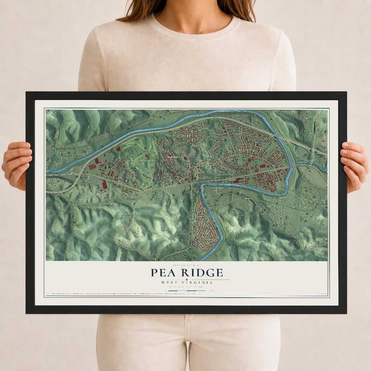 Map of Pea Ridge, West Virginia, 12 x 18 inch print in a black wood frame