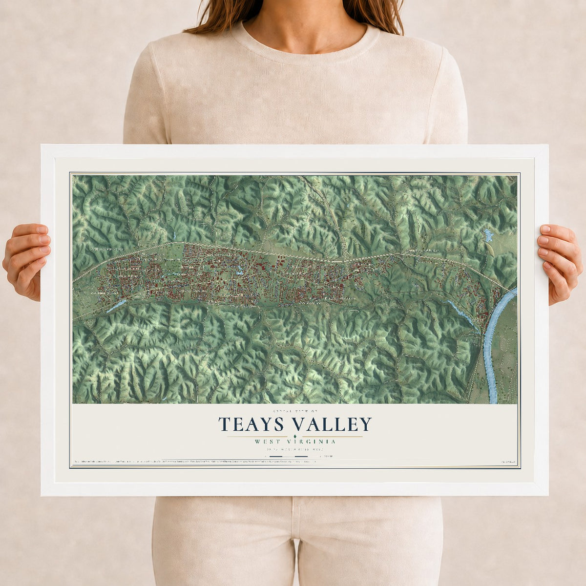 Map of Teays Valley, West Virginia, 12 x 18 inch print in a white wood frame