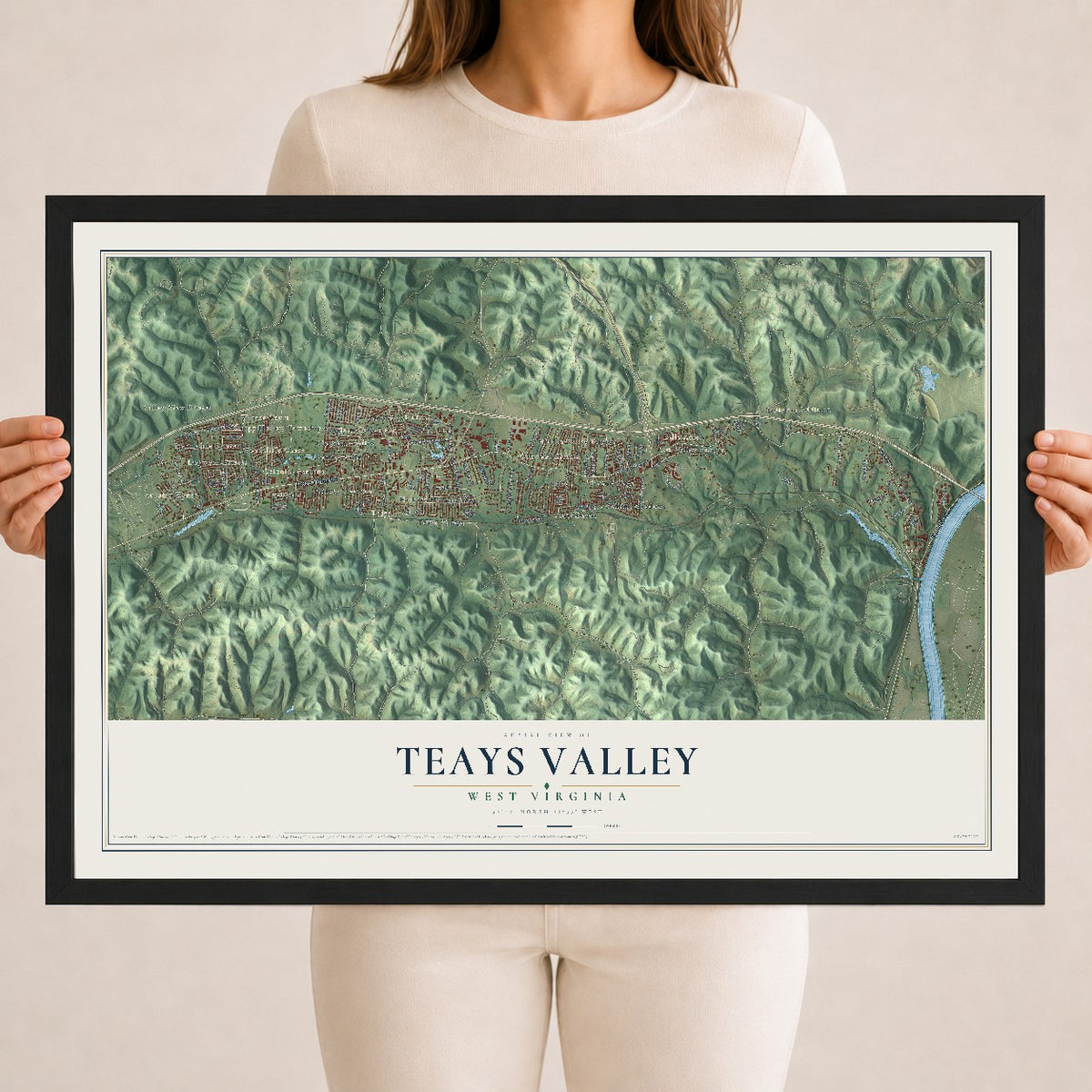 Map of Teays Valley, West Virginia, 18 x 24 inch print in a black wood frame