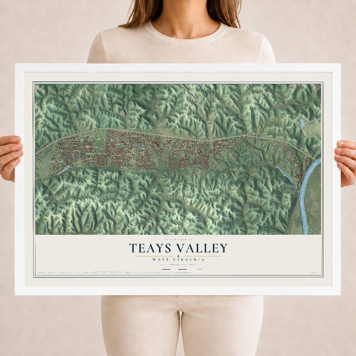 Map of Teays Valley, West Virginia, 18 x 24 inch print in a white wood frame
