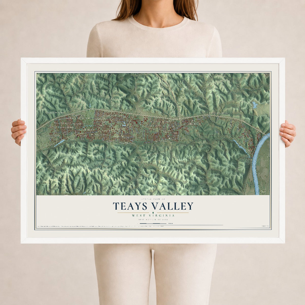 Map of Teays Valley, West Virginia, 24 x 36 inch print in a white wood frame