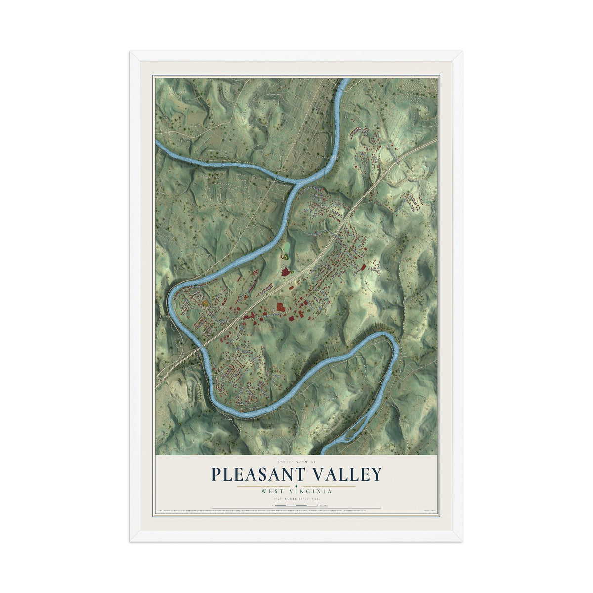 Map of Pleasant Valley, West Virginia, 12 x 18 inch print in a white wood frame