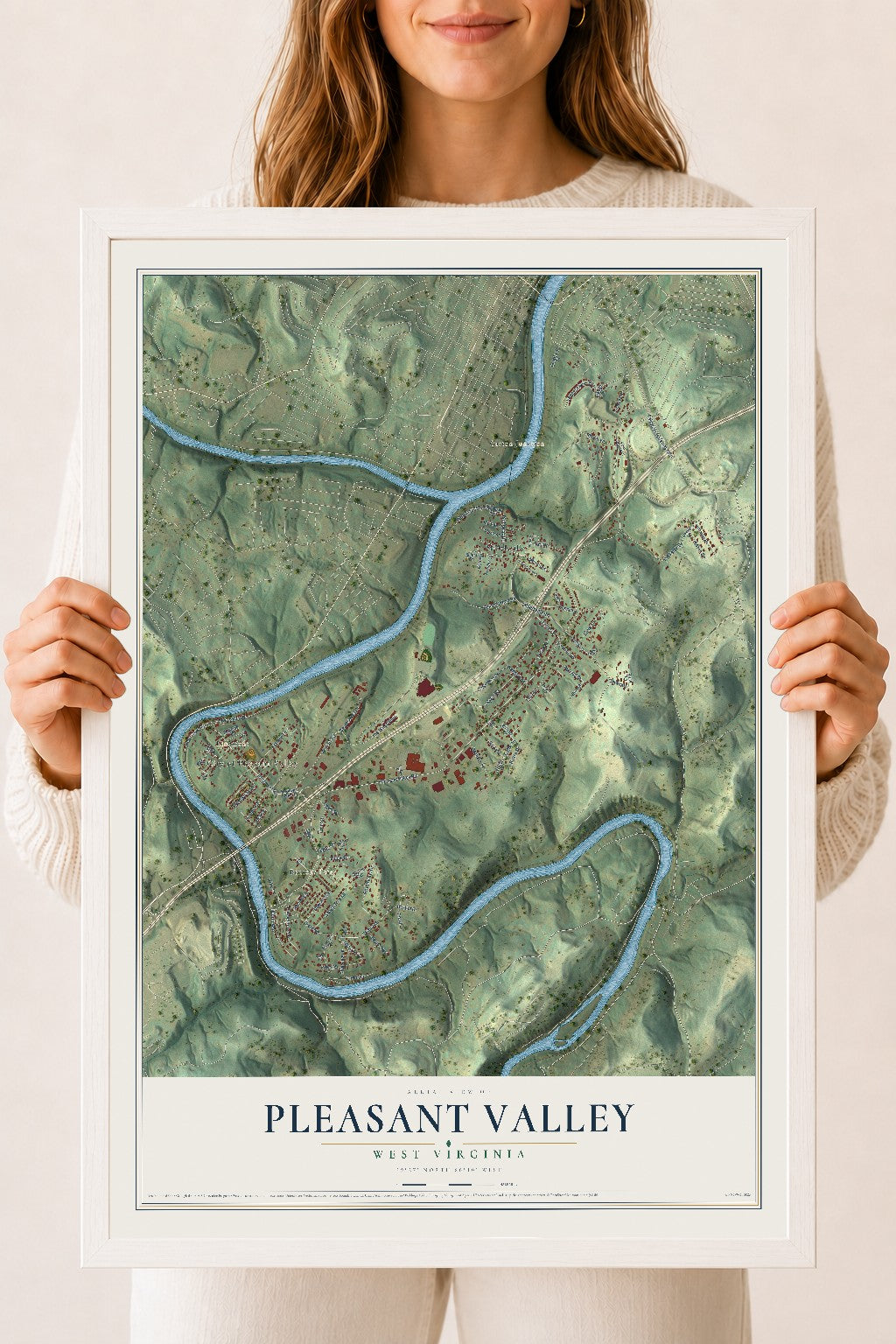Map of Pleasant Valley, West Virginia, 18 x 24 inch print in a white wood frame