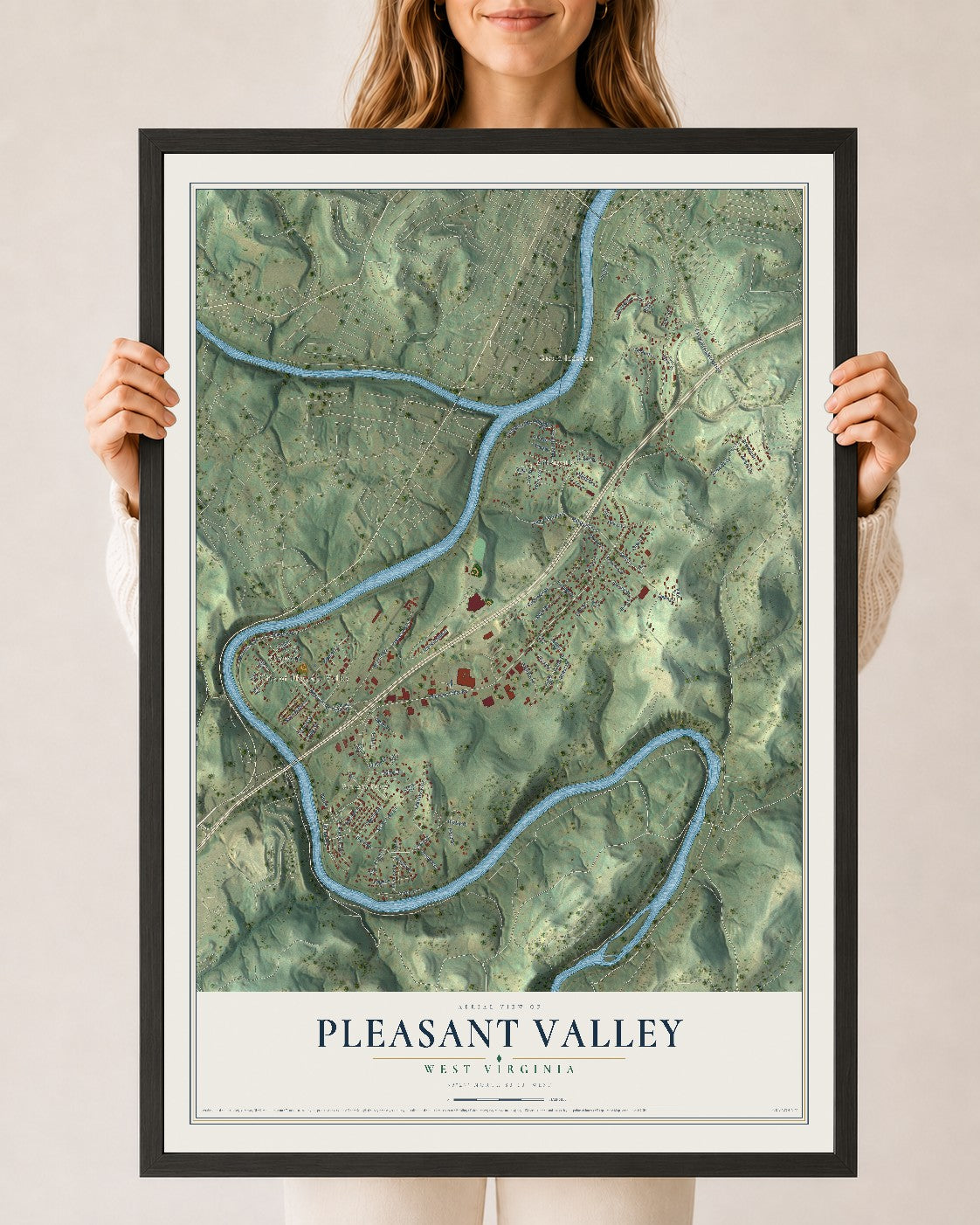 Map of Pleasant Valley, West Virginia, 24 x 36 inch print in a black wood frame