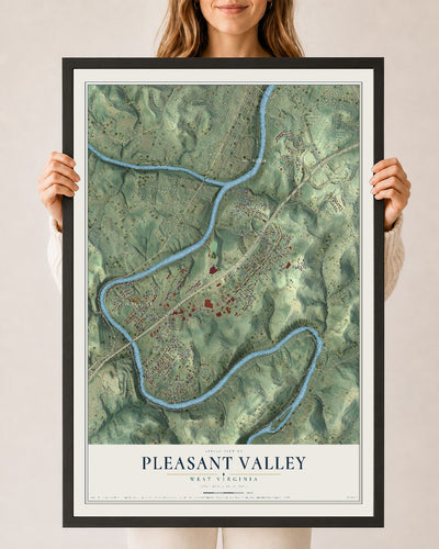Map of Pleasant Valley, West Virginia, 24 x 36 inch print in a black wood frame