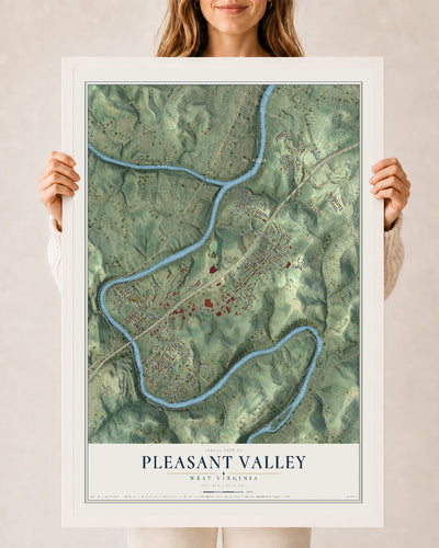 Map of Pleasant Valley, West Virginia, 24 x 36 inch print in a white wood frame