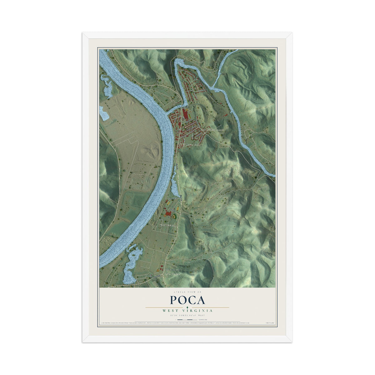 Map of Poca, West Virginia, 12 x 18 inch print in a white wood frame