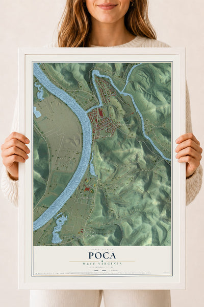 Map of Poca, West Virginia, 18 x 24 inch print in a white wood frame