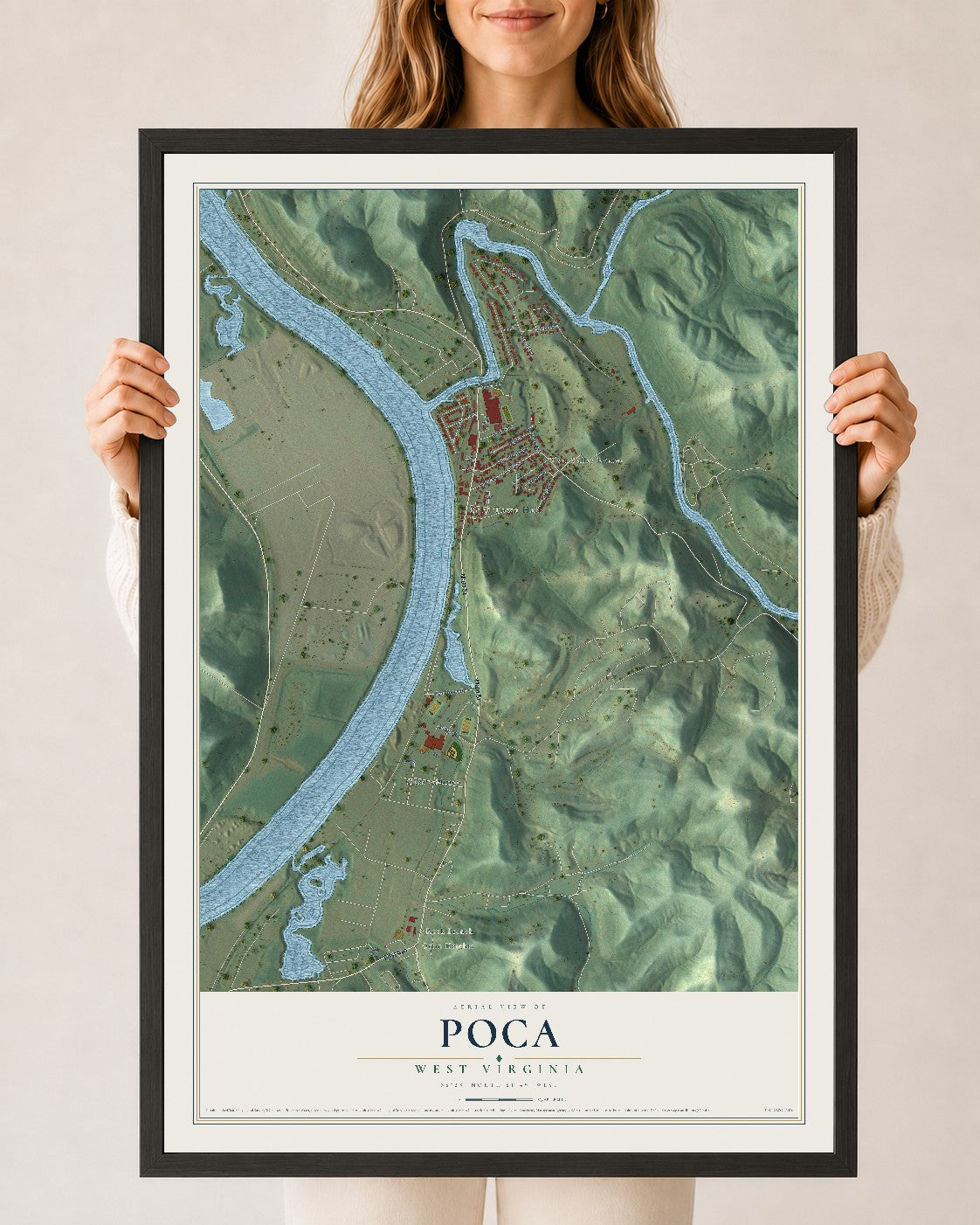 Map of Poca, West Virginia, 24 x 36 inch print in a black wood frame