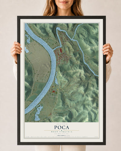 Map of Poca, West Virginia, 24 x 36 inch print in a black wood frame