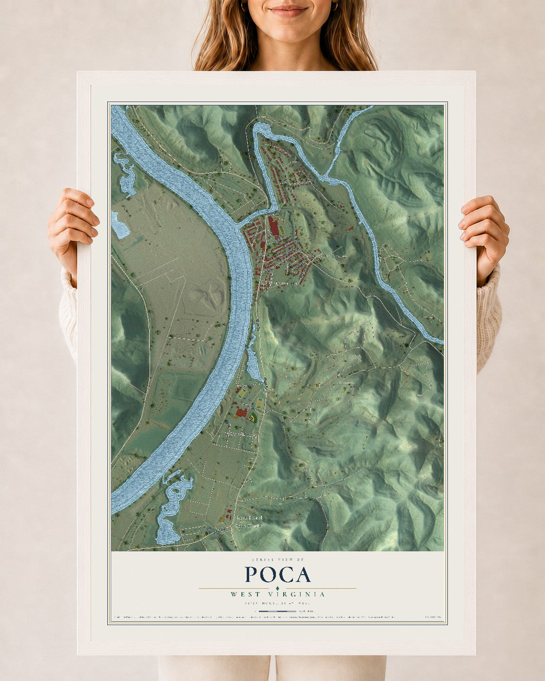 Map of Poca, West Virginia, 24 x 36 inch print in a white wood frame
