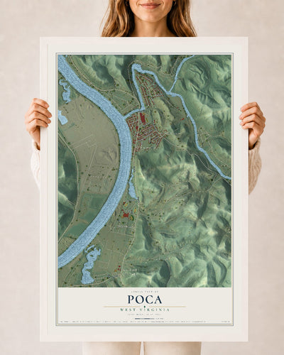 Map of Poca, West Virginia, 24 x 36 inch print in a white wood frame
