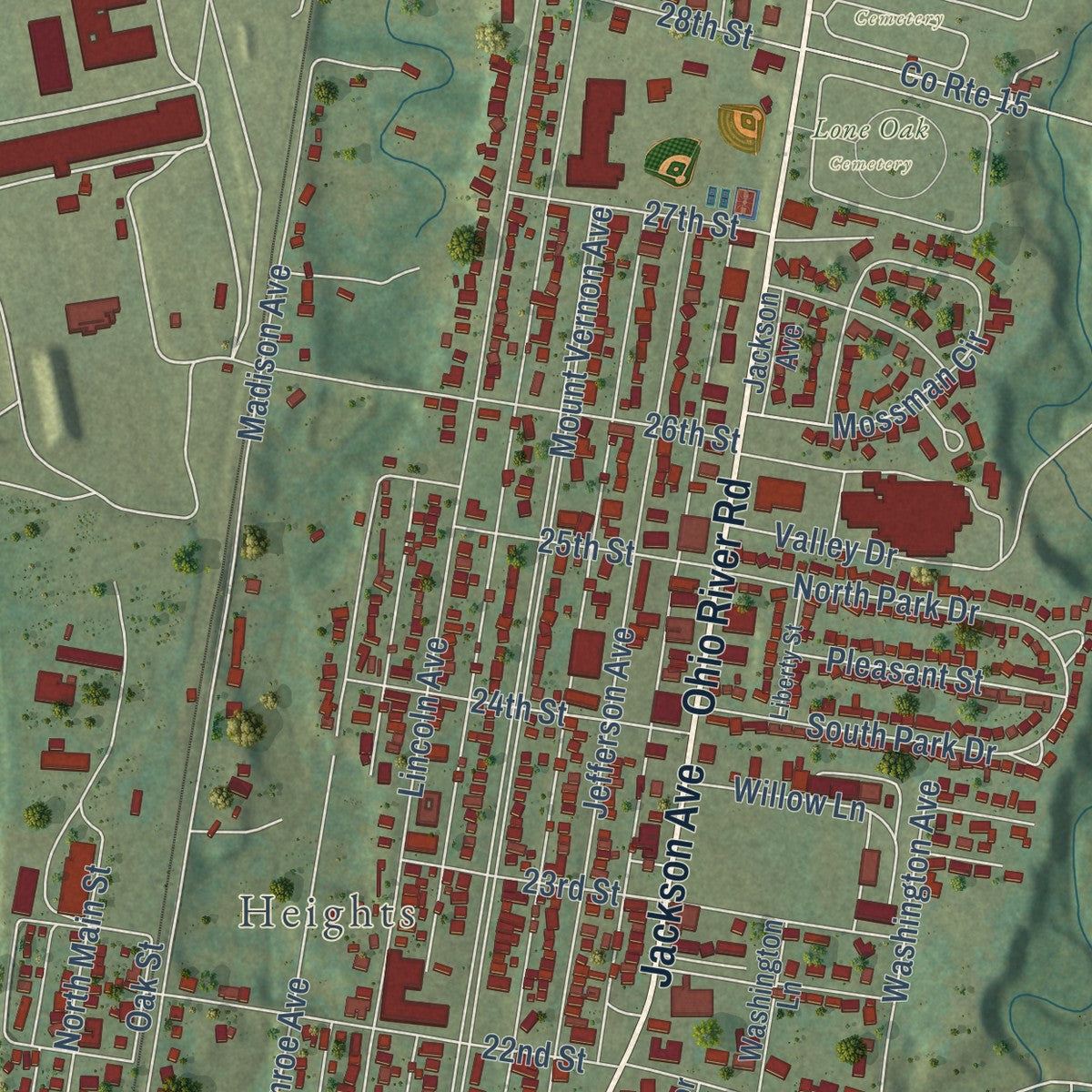 Close-up of the map of Point Pleasant, West Virginia print showing street and building detail