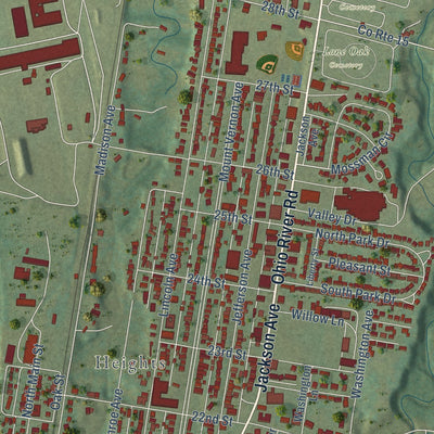 Close-up of the map of Point Pleasant, West Virginia print showing street and building detail