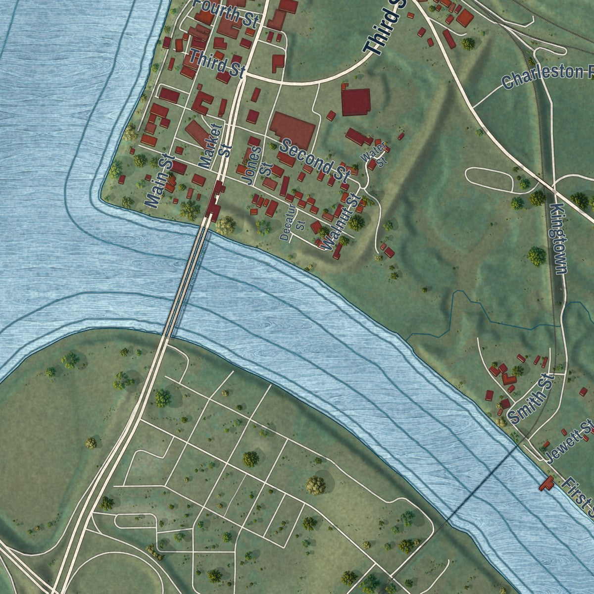 Second close-up of the map of Point Pleasant, West Virginia print showing more streets and buildings