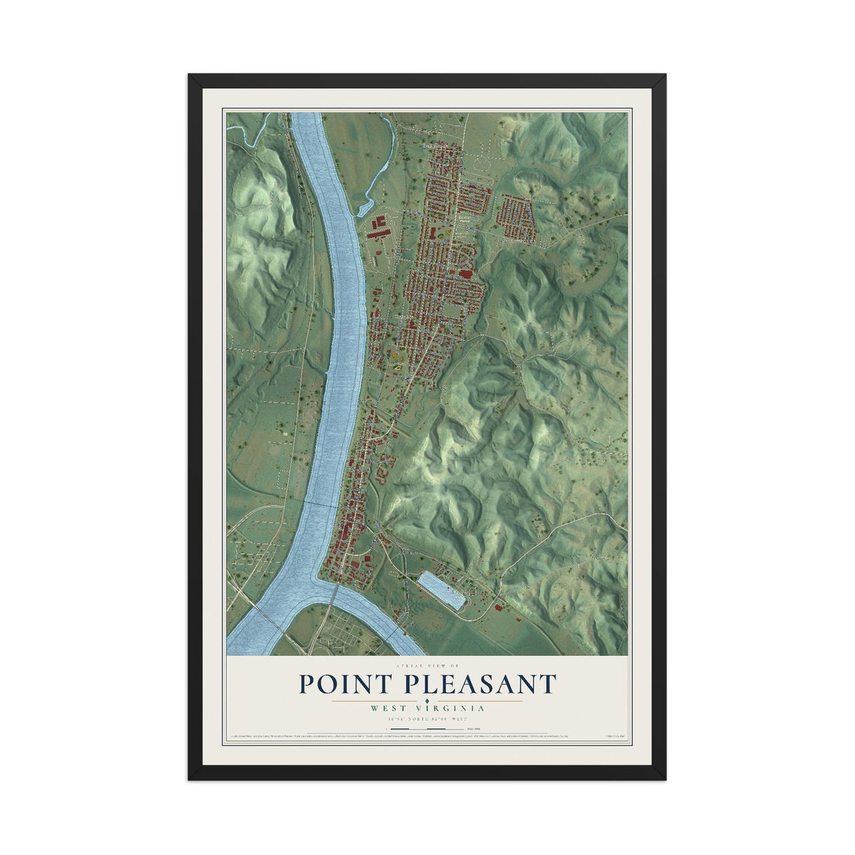 Map of Point Pleasant, West Virginia, 12 x 18 inch print in a black wood frame