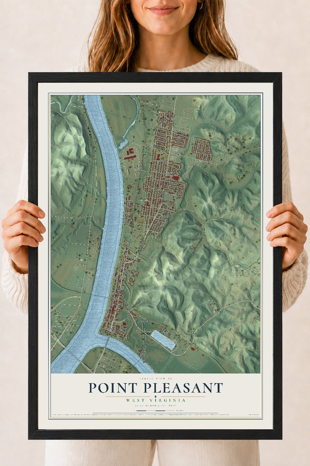 Map of Point Pleasant, West Virginia, 18 x 24 inch print in a black wood frame