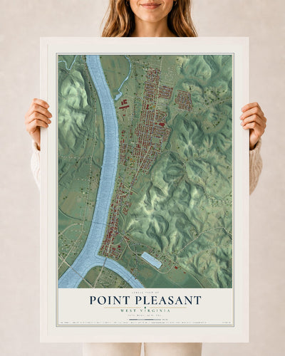 Map of Point Pleasant, West Virginia, 24 x 36 inch print in a white wood frame