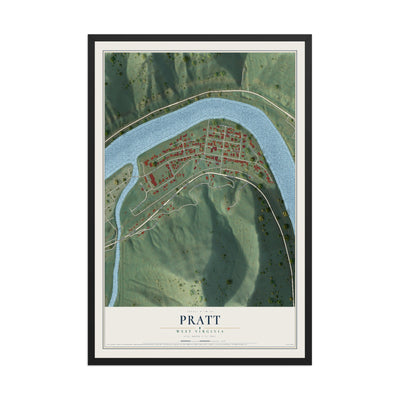 Map of Pratt, West Virginia, 12 x 18 inch print in a black wood frame