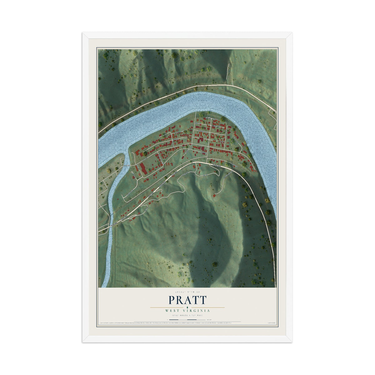 Map of Pratt, West Virginia, 12 x 18 inch print in a white wood frame