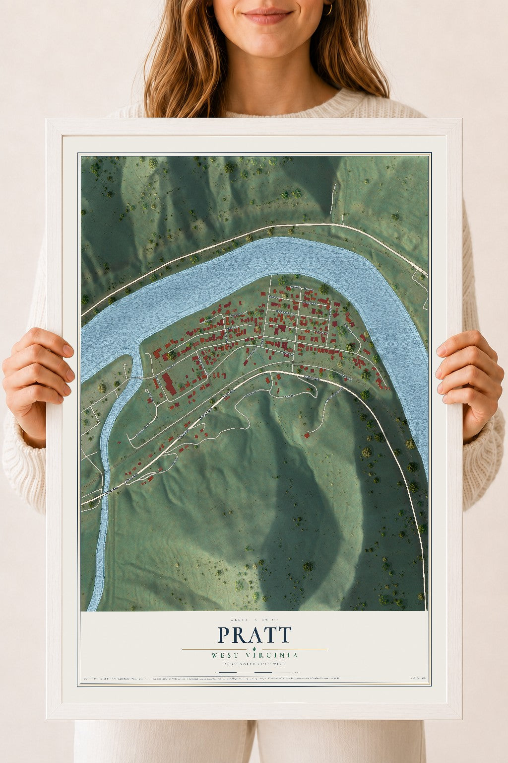 Map of Pratt, West Virginia, 18 x 24 inch print in a white wood frame