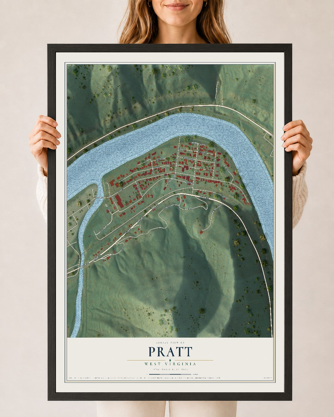 Map of Pratt, West Virginia, 24 x 36 inch print in a black wood frame
