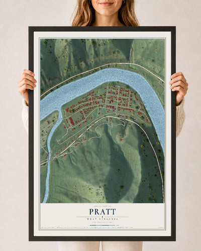 Map of Pratt, West Virginia, 24 x 36 inch print in a black wood frame