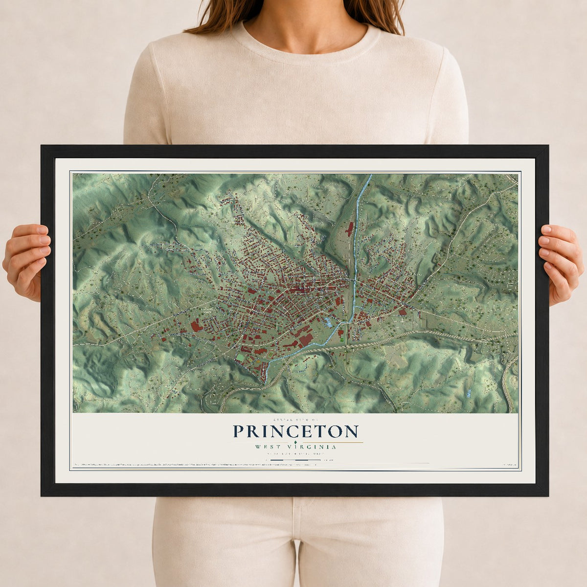 Map of Princeton, West Virginia, 12 x 18 inch print in a black wood frame