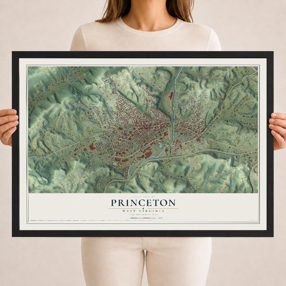 Map of Princeton, West Virginia, 18 x 24 inch print in a black wood frame